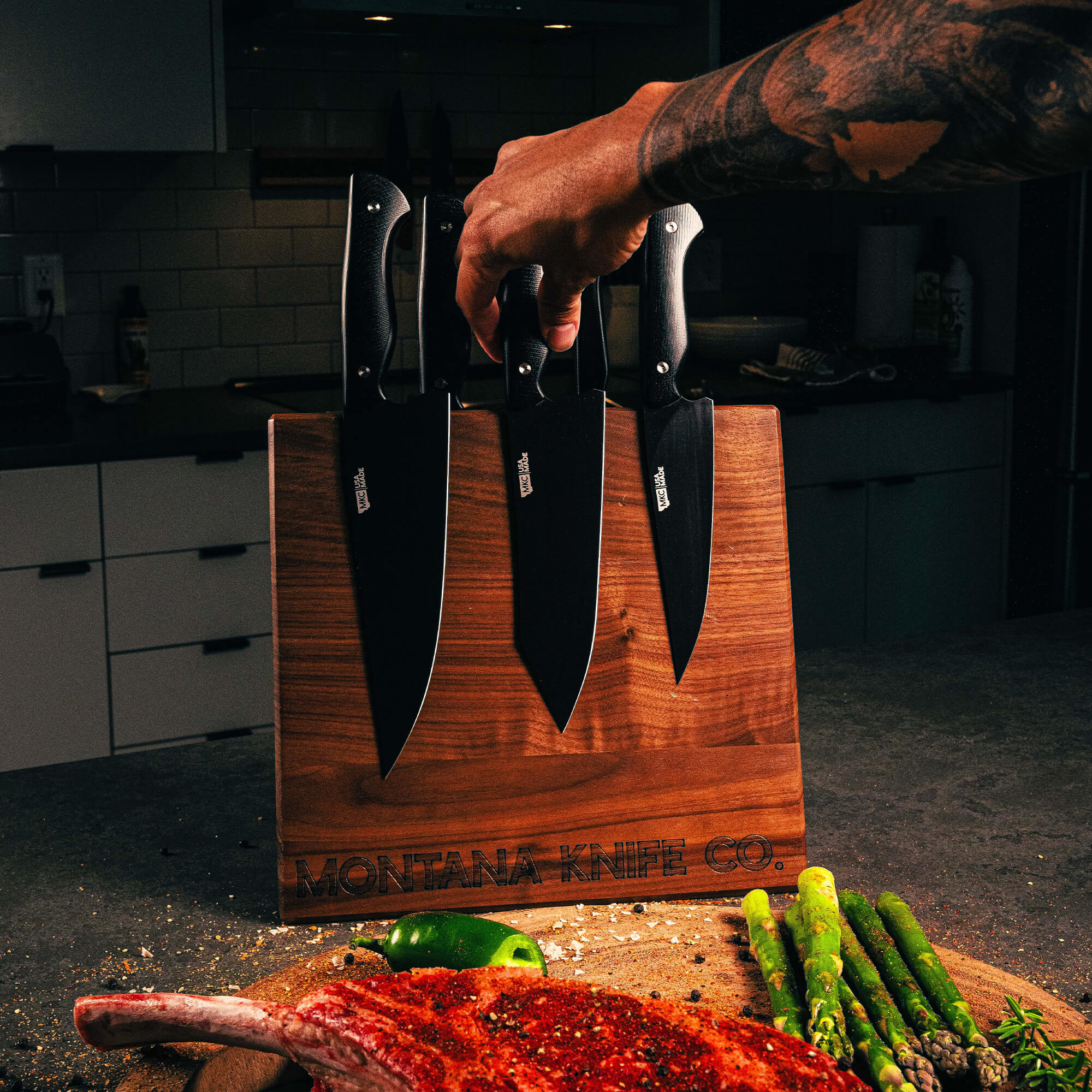 MKC CULINARY DOUBLE SIDED KNIFE STAND - DARK WOOD FINISH